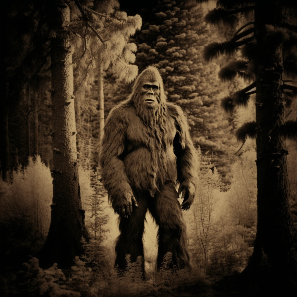 an old photo of bigfoot sneaking in the forest