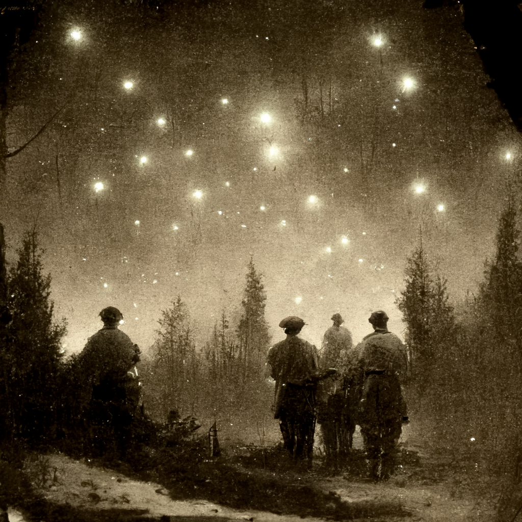 old photo of soldiers looking ay lights in the night sky