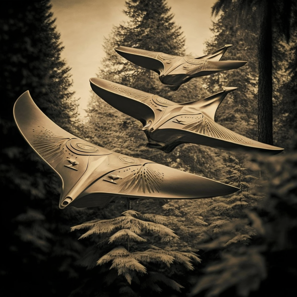 an old photo of three boomerang or crescent shaped UFO flying over washington state forest