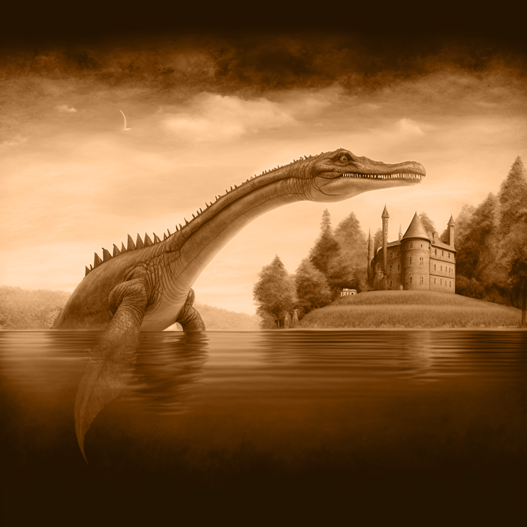 an old photo of the loch ness monster in front of a castle