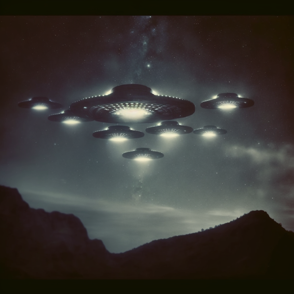 an old photo of UFOs flying at night in a v formation like the Phoenix Lights