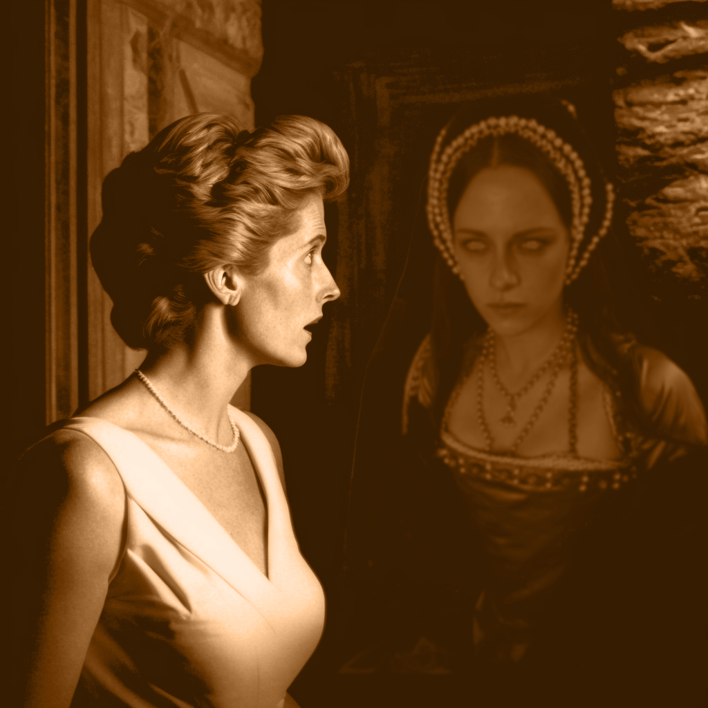 an old photo of princess diana talkiung to a the ghost of Anne Boleyn 02