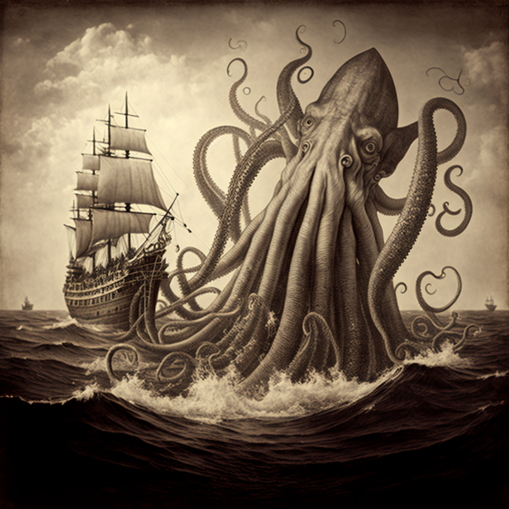 an old photo of a kraken using its tentacles to attack a ship