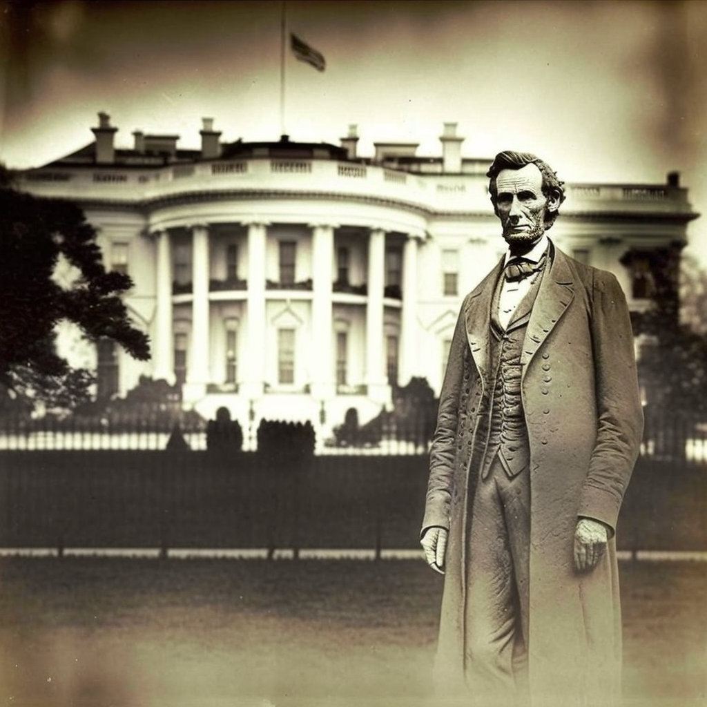 Abraham Lincoln in front of the white house