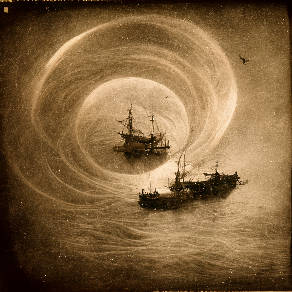 a photo of ships swirling in a Bermuda Triangle Whirlpool