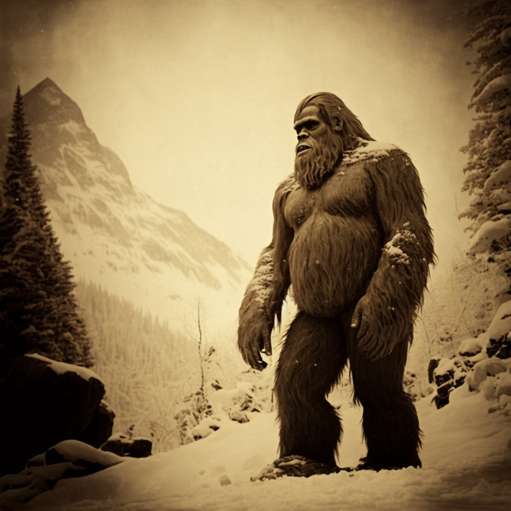 an old photo od a himalayan yeti in the snowy mountaintops