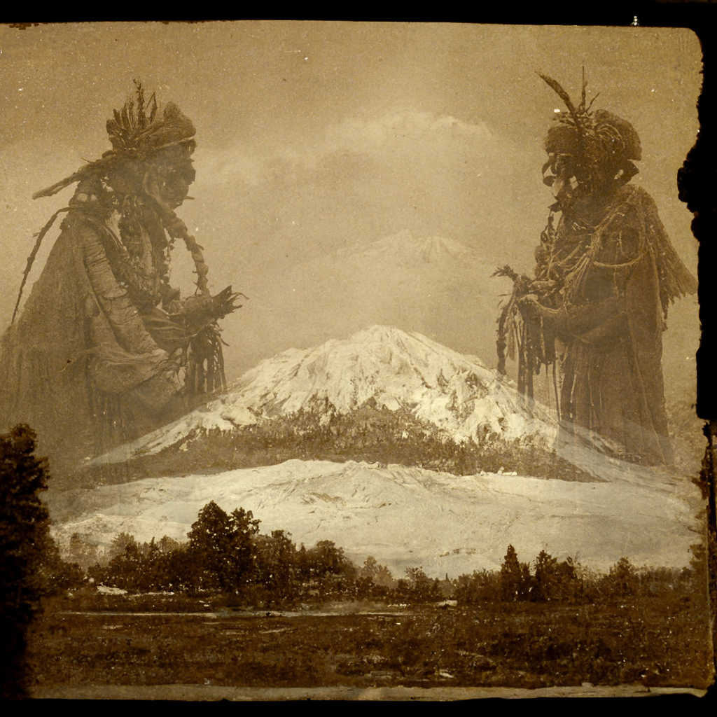 an old photo of Mount Shasta overwatched by Native American spirits