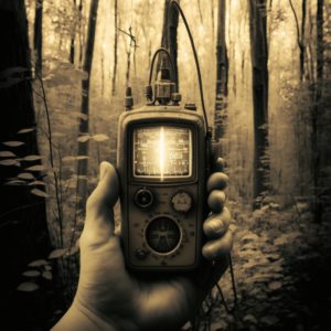 an old photo of a man holding a Geiger counter