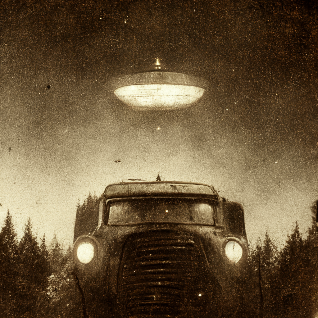 an old photo of a truck being followed by a ufo the Travis Walton case