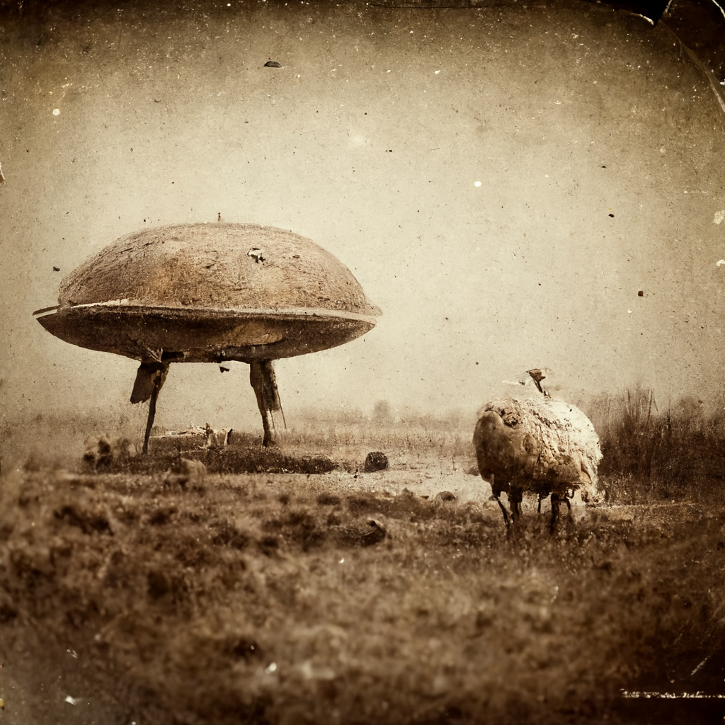 an old photo of a ufo crash on a sheep ranch