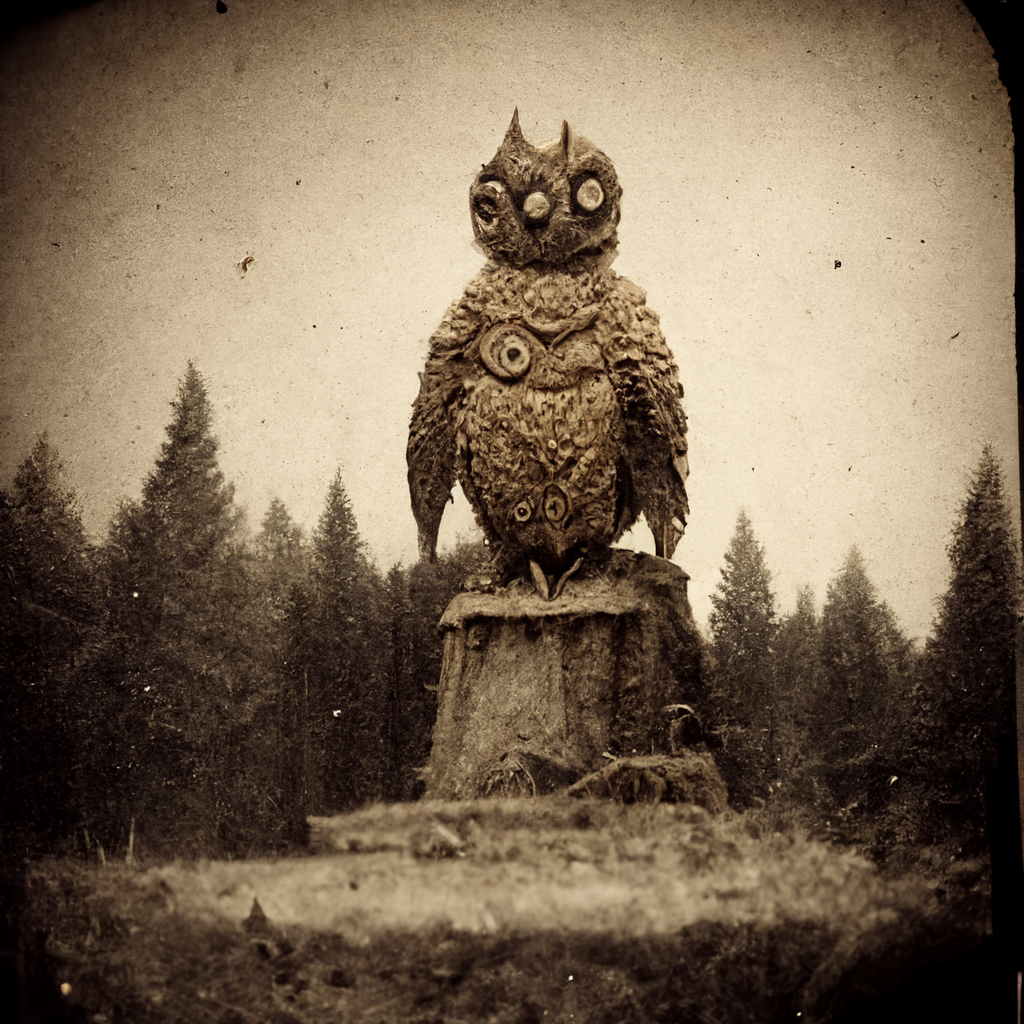 an old photo of an moloch the owl statue in bohemian grove