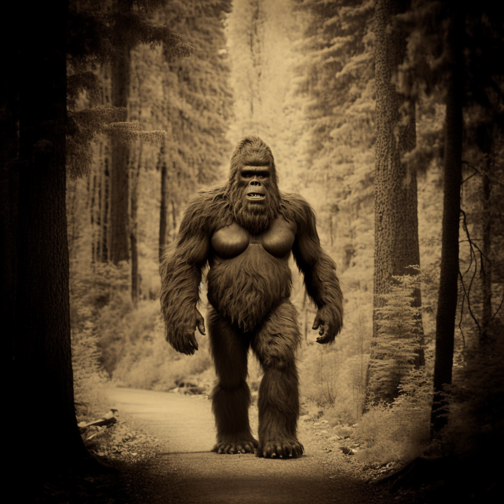 an old photo of bigfoot walking through the forest