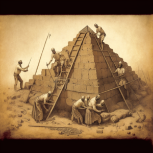 an old photo of men building a pyramid