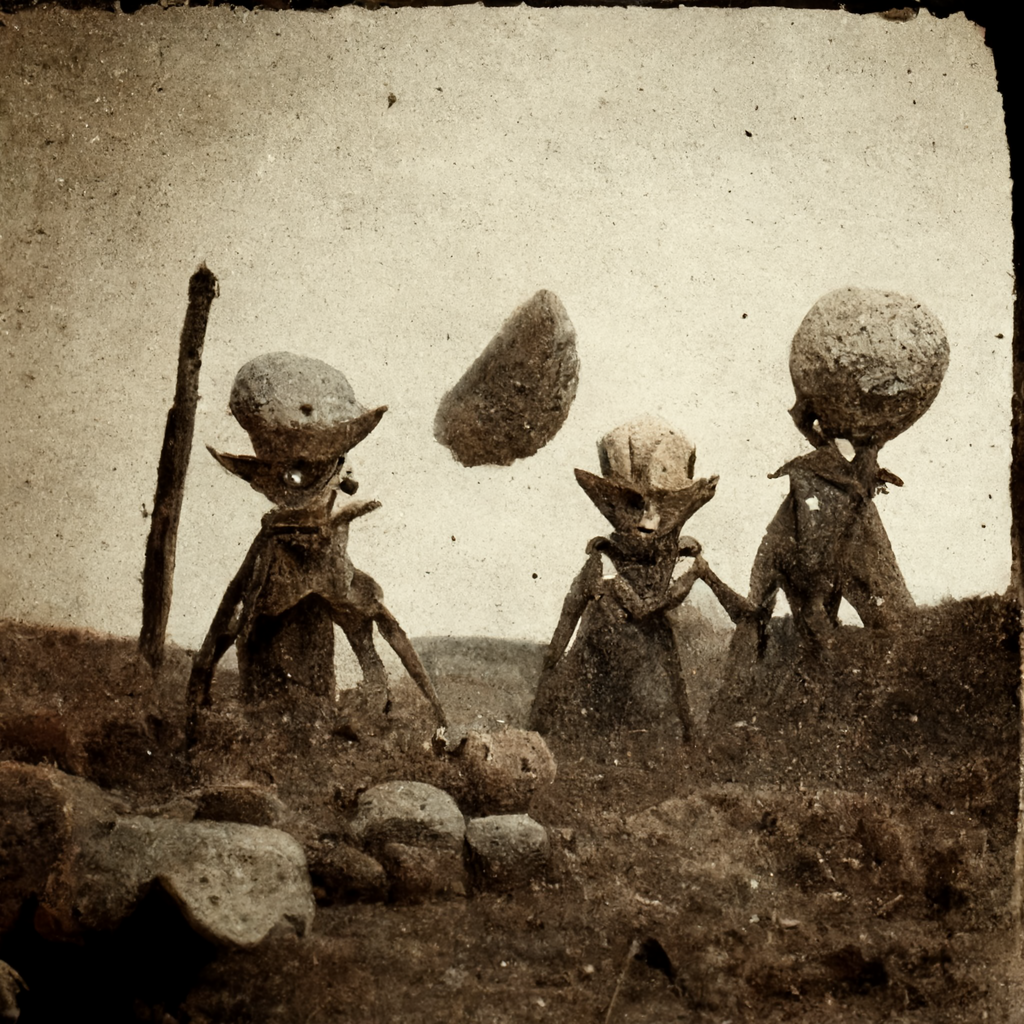 an old photo of pointy eared aliens throwing rocks at The Kelly-Hopkinsville encounter