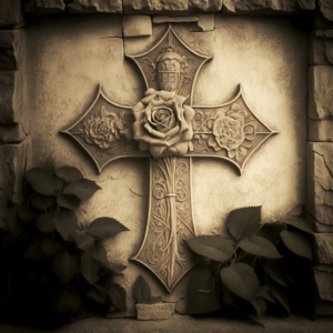 an old photo of the the Rosicrucian logo of a cross and a a rose carved into a stone wall