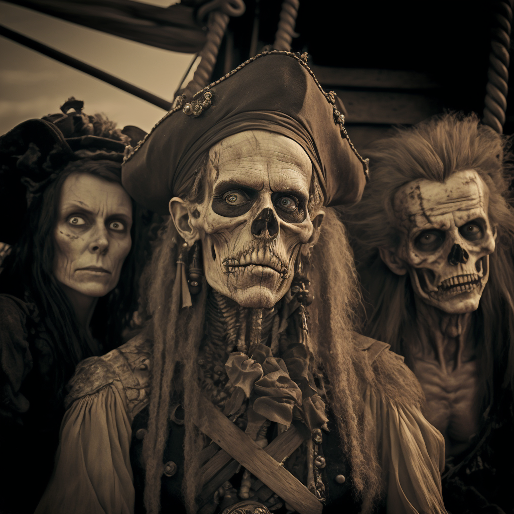 an old photo of three zombie pirates from the Flying Dutchman