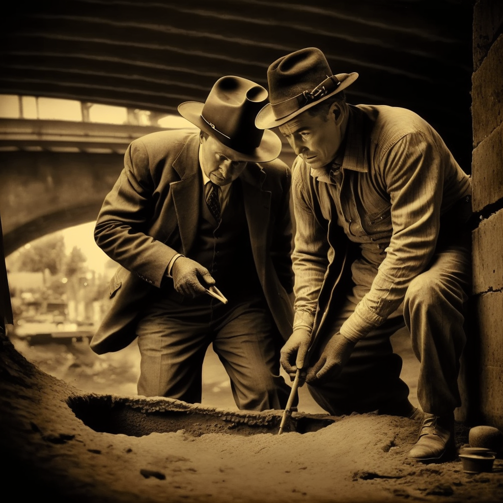 an old photo of two mobsters burying Jimmy Hoffa under a bridge