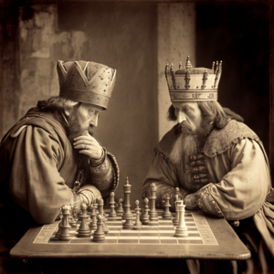 an old photo of two monarchs playing chess like the Bilderbergers do with the political landscape