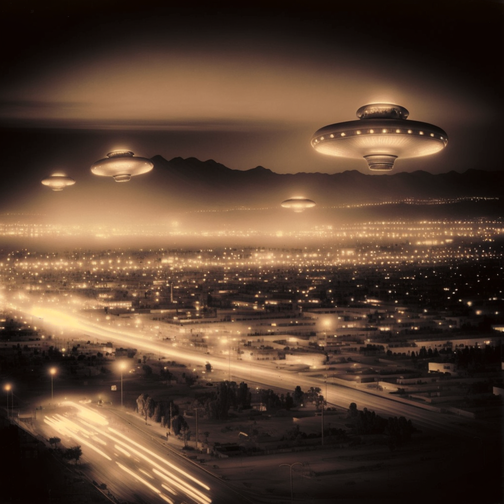 an old photo of UFOs above the Battle of Los Angeles