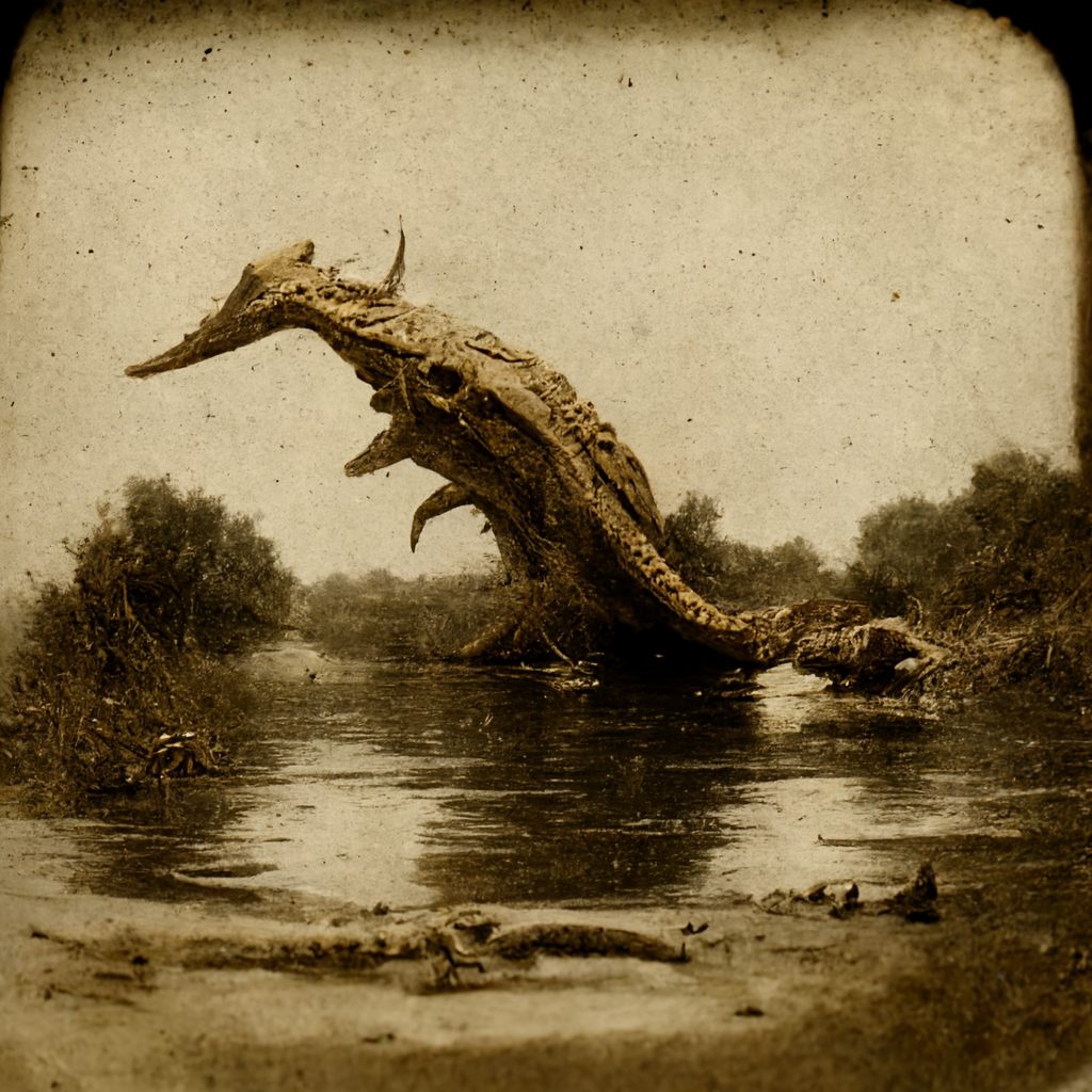 an old sepia-toned photo of a monster with a crocodile body and head of a buffalo swimming in a river the bunyip