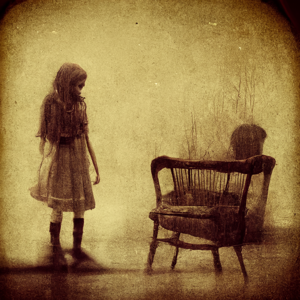 an old sepia-toned photo of a possessed 11-year-old girl and a floating chair in the background the enfield Poltergeist