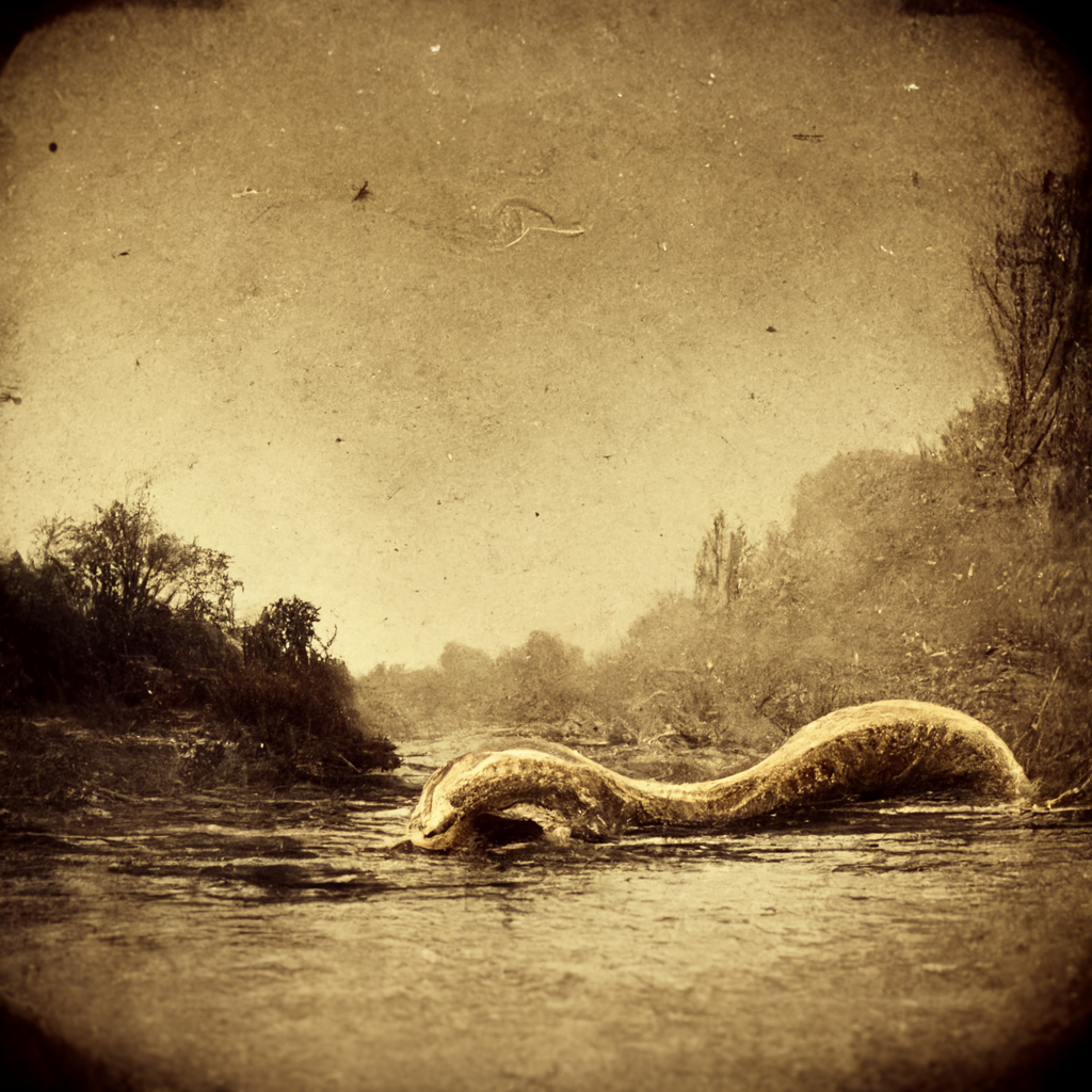 an old sepia-toned photo of a the serpentine ogopogo