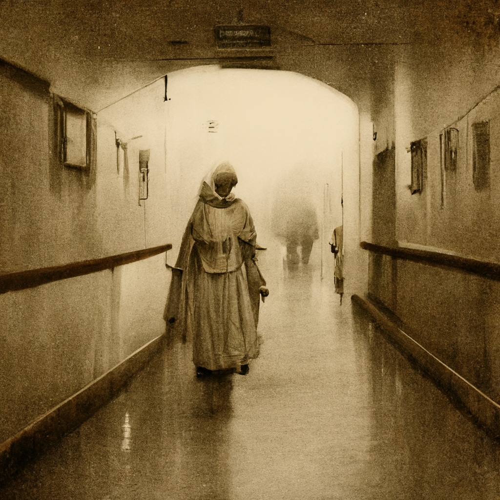 old photo of a ghost nurse haunting the hallways of the winchester mansion