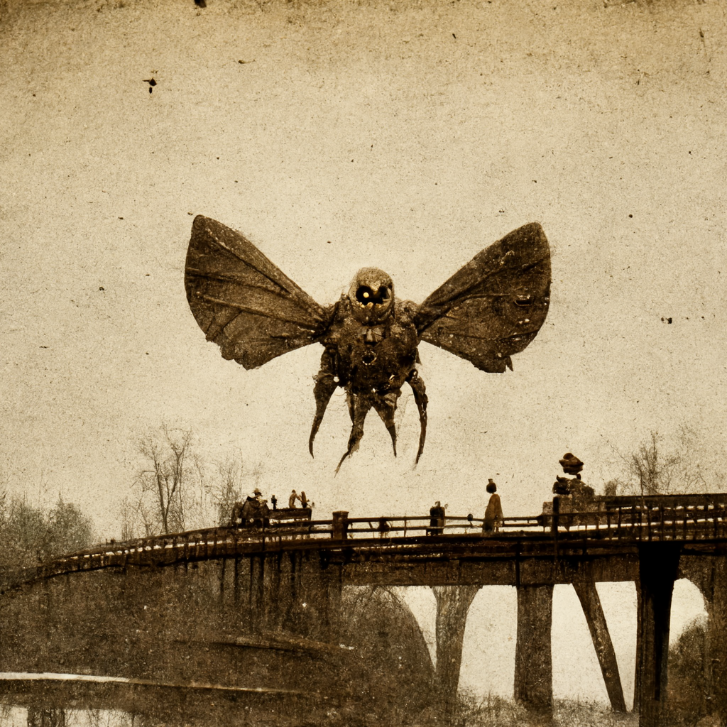 old photo of a mothman creature flying over a bridge