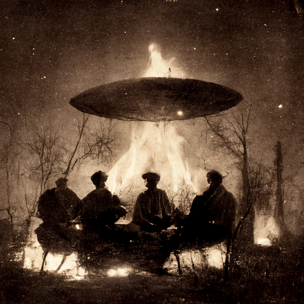 old photo of four men around campfire wiyth a ufo above them the Allagash Alien Abduction