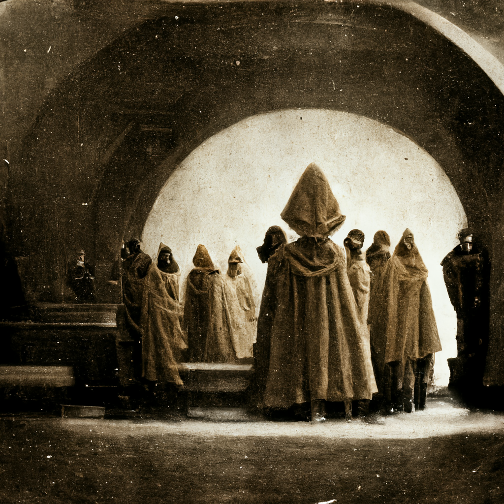 old photo of the Rosicrucian Order standing in a circle with hoods on