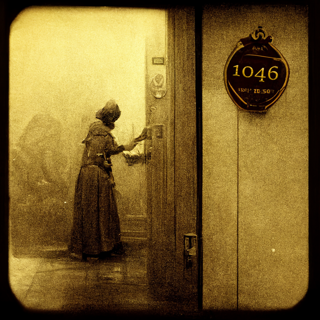 old photograph of a woman checking into room 1046