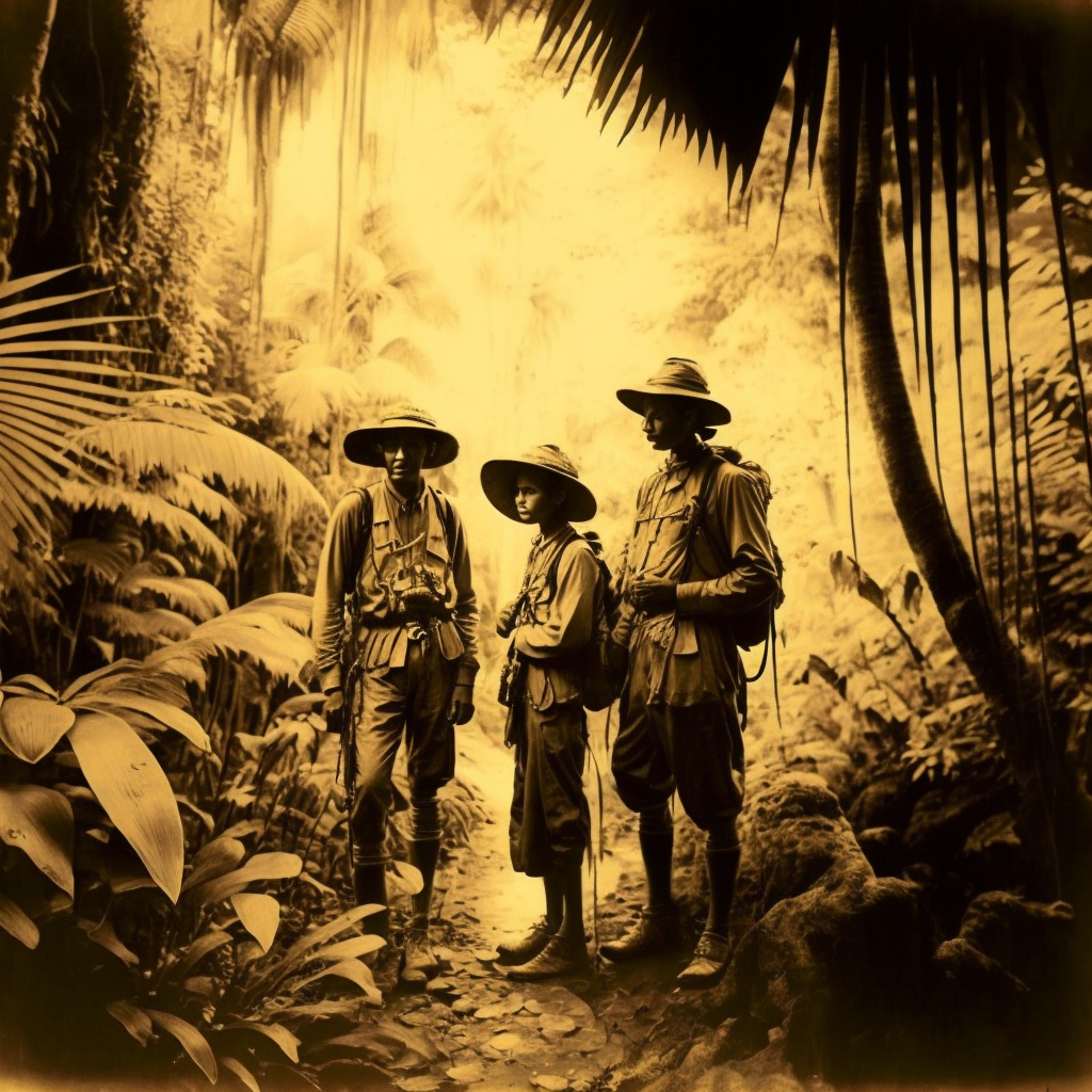 an old photo of a hikers in an indian jungle