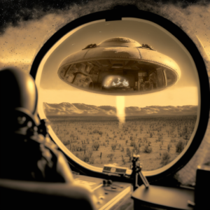 an old photo of a ufo seen through a helicopter cockpit