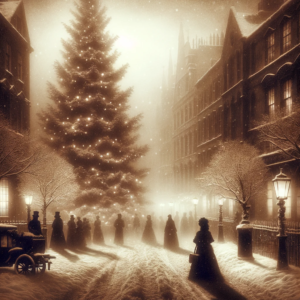 a sepia-toned image capturing the essence of a mysterious Victorian street on Christmas Eve